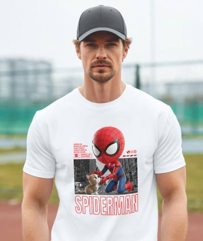 Tricou Barbati cu Spiderman si Pisicuta – Echipa Invincibila 100% Bumbac, Alb, XL [1]