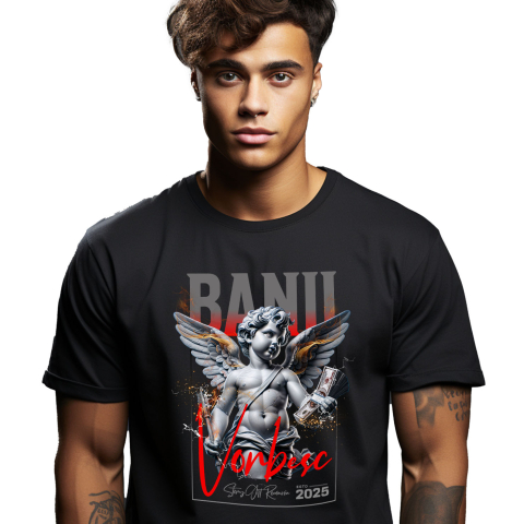 Tricou Femei, Barbati, Copii, Fata, Baiat, Unisex Personalizat Statuie Copil Înger cu Aripi și Teanc de Bancnote – „Banii Vorbesc” – Cadou Personalizat pentru Familie, Tati, Copii, Prieteni