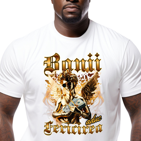 Tricou Femei, Barbati, Copii, Fata, Baiat, Unisex Personalizat Statuie de Aur cu Aripi și Ochelari de Soare - Cadou Motivațional Banii Aduc Fericire