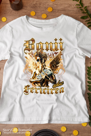 Tricou Femei, Barbati, Copii, Fata, Baiat, Unisex Personalizat Statuie de Aur cu Aripi și Ochelari de Soare - Cadou Motivațional Banii Aduc Fericire [2]