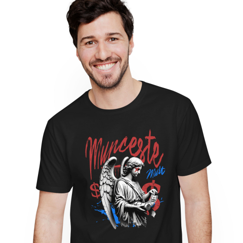 Ingeri Si Zei - Tricou Femei, Barbati, Copii, Fata, Baiat, Unisex Personalizat Statuie Fata Cu Aripi Înger – Cadou Motivational „Munceste Mult” Cu Dolari