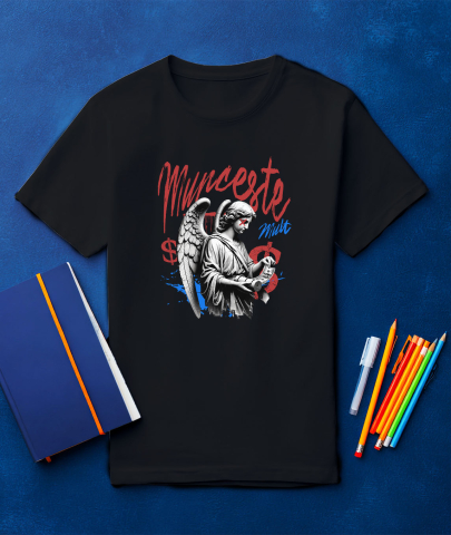 Tricou Femei, Barbati, Copii, Fata, Baiat, Unisex Personalizat Statuie Fata Cu Aripi Înger – Cadou Motivational „Munceste Mult” Cu Dolari [2]