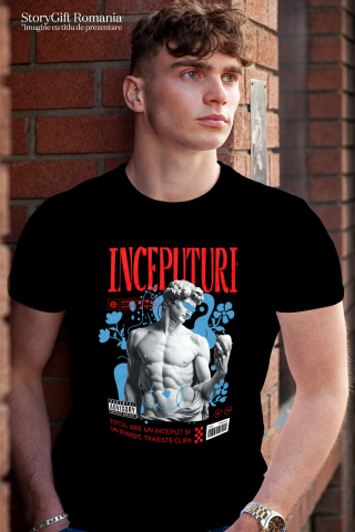 Tricou Femei, Barbati, Copii, Fata, Baiat, Unisex Personalizat Statuie Bust Masculin Cu Mar – Cadou Personalizat „Totul Are Un Început Și Un Sfârșit” [1]