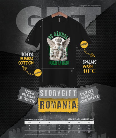 Tricou Femei, Barbati, Copii, Fata, Baiat, Unisex Personalizat Statuie Înger Bancnote Bani – „Cu Gândul Doar La Bani” – Cadou Personalizat pentru Familie, Tati, Copii, Prieteni [3]