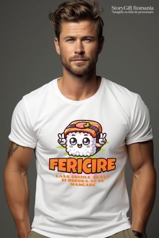 Tricou Femei, Barbati, Copii, Fata, Baiat, Unisex Personalizat Sushi personalizat cu semnul păcii și mesaj „Fericire, lasă grijile acasă” – Cadou perfect pentru iubitorii de mâncare asiatică [1]