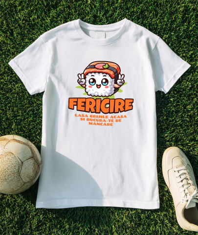 Tricou Femei, Barbati, Copii, Fata, Baiat, Unisex Personalizat Sushi personalizat cu semnul păcii și mesaj „Fericire, lasă grijile acasă” – Cadou perfect pentru iubitorii de mâncare asiatică [2]