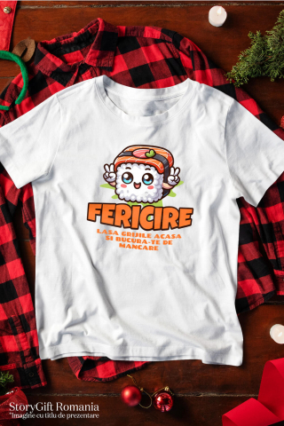 Tricou Femei, Barbati, Copii, Fata, Baiat, Unisex Personalizat Sushi personalizat cu semnul păcii și mesaj „Fericire, lasă grijile acasă” – Cadou perfect pentru iubitorii de mâncare asiatică [2]