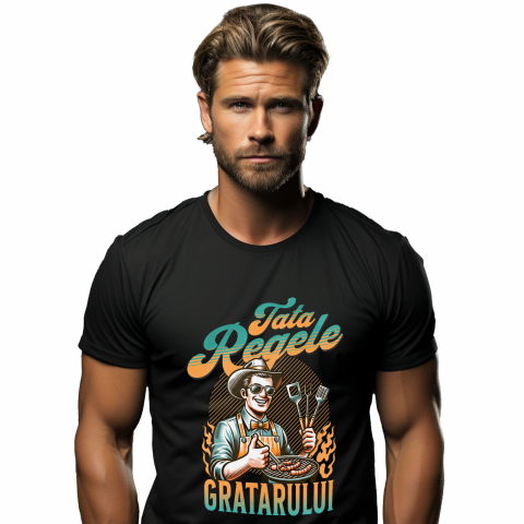 MANCARE - Tricou Femei, Barbati, Copii, Fata, Baiat, Unisex Personalizat Cadou personalizat pentru tata – Pălărie, ochelari, papion și instrumente pentru grătar – „Tata Regele”