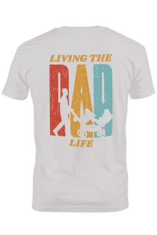 Tricou Barbati Cu Tata Plimband Copilul In Carucior, Text In Engleza Living The Dad Life, Rewlatie Tata-Copil, Cadou Pentru Viitorii Tatici, cu imprimeu pe Spate, 100% Bumbac, Alb, M [1]