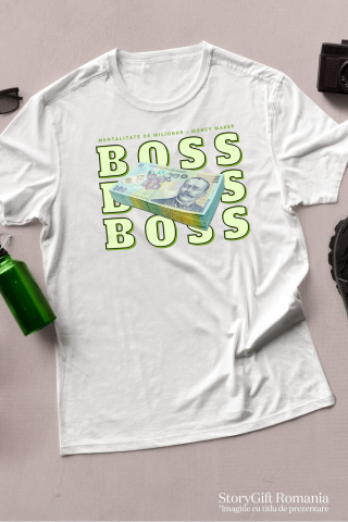 Tricou Femei, Barbati, Copii, Fata, Baiat, Unisex Personalizat Teanc Bancnote 100 Lei – „Masiv Boss, Mentalitate de Milionar” – Cadou Personalizat pentru Familie, Tati, Prieteni, România [2]