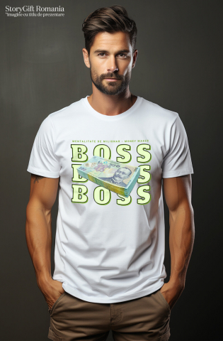 Tricou Femei, Barbati, Copii, Fata, Baiat, Unisex Personalizat Teanc Bancnote 100 Lei – „Masiv Boss, Mentalitate de Milionar” – Cadou Personalizat pentru Familie, Tati, Prieteni, România [1]
