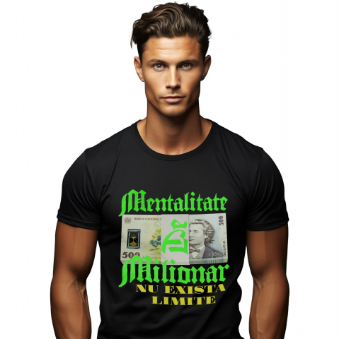 Tricou Femei, Barbati, Copii, Fata, Baiat, Unisex Personalizat Teanc cu Elastic Bancnote 500 Lei – „Mentalitate de Milionar, Nu Există Limite” – Cadou Personalizat pentru Familie, Tati, Copii, Prieteni