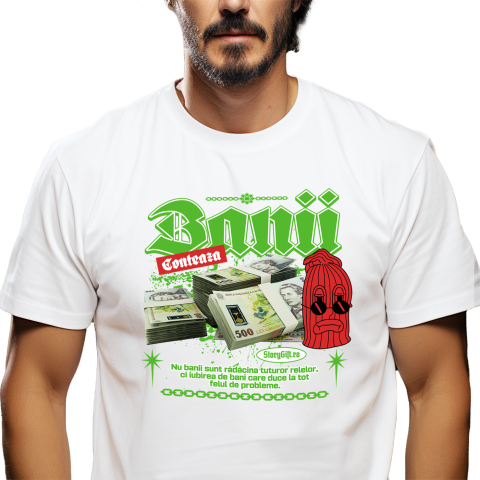 Bani Si Investitii - Tricou Femei, Barbati, Copii, Fata, Baiat, Unisex Personalizat Teancuri Bancnote 500 Lei cu Cagula Roșie Supărată – Cadou Personalizat „Banii Contează” pentru Familie, Copii, Tati, Prieteni