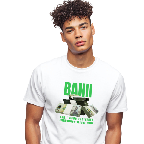 Tricou Femei, Barbati, Copii, Fata, Baiat, Unisex Personalizat Teancuri Dezordonate de Bani 500 Lei – „Banii Aduc Fericirea” – Cadou Personalizat pentru Familie, Tati, Copii, Prieteni