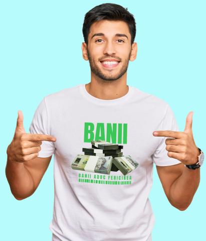 Tricou Femei, Barbati, Copii, Fata, Baiat, Unisex Personalizat Teancuri Dezordonate de Bani 500 Lei – „Banii Aduc Fericirea” – Cadou Personalizat pentru Familie, Tati, Copii, Prieteni [1]