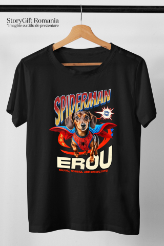 Tricou Femei, Barbati, Copii, Fata, Baiat, Unisex Personalizat Teckel (Dachshund) în Costum Spider-Man - Cadou Personalizat pentru Copii și Familie [2]
