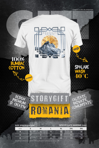 Tricou Barbati Cu Text In Engleza Mountain Spirit, Apus De Soare, Stanci Inalte, Munte, Aventura, Camping,  cu imprimeu pe Spate, 100% Bumbac,  Alb, M [1]
