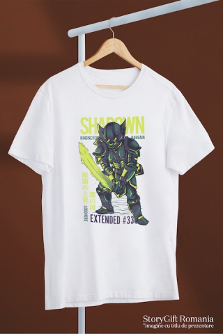 Tricou Barbati Cu Text In Engleza Shadown Knight, Cavaler Cu Sabie Stralucitoare, Armura De Metal, Iubitorii De Filme SF, cu imprimeu pe Fata, 100% Bumbac, Alb, XS [2]