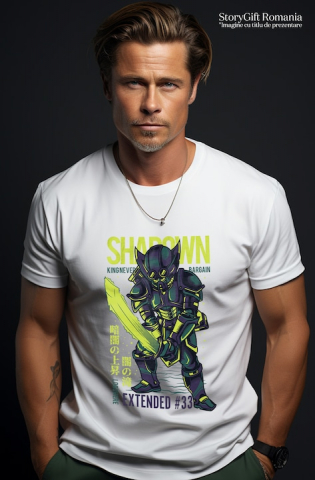 Tricou Barbati Cu Text In Engleza Shadown Knight, Cavaler Cu Sabie Stralucitoare, Armura De Metal, Iubitorii De Filme SF, cu imprimeu pe Fata, 100% Bumbac, Alb, XS [1]