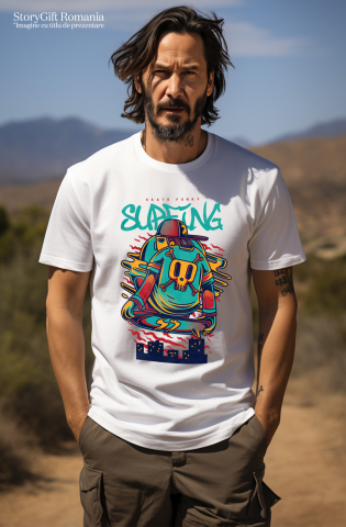 Tricou Barbati Cu Text In Engleza Surfing Baiata Pe Skateboard Tricou Cu Craniu De Mort, Sapca Rosie,  cu imprimeu pe Fata, 100% Bumbac,  Alb, M [1]