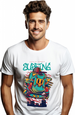 Barbati - Marimea M - Tricou Barbati Cu Text In Engleza Surfing Baiata Pe Skateboard Tricou Cu Craniu De Mort, Sapca Rosie, cu imprimeu pe Fata, 100% Bumbac, Alb, M