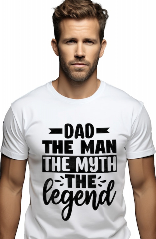 Barbati - Marimea L - Tricou Barbati cu textul "Dad, the man, the myth, the legend" - tata barbatul mitul legenda cu imprimeu pe Fata, 100% Bumbac, Alb, L