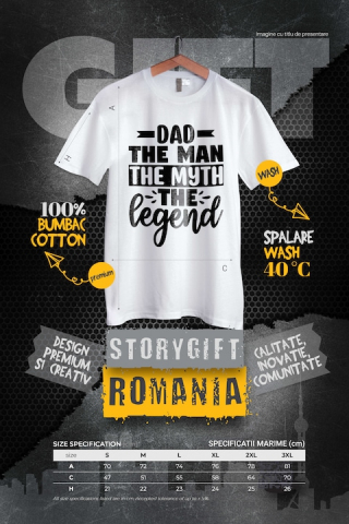 Tricou Barbati cu textul "Dad, the man, the myth, the legend" - tata barbatul mitul legenda cu imprimeu pe Fata, 100% Bumbac, Alb, L [2]