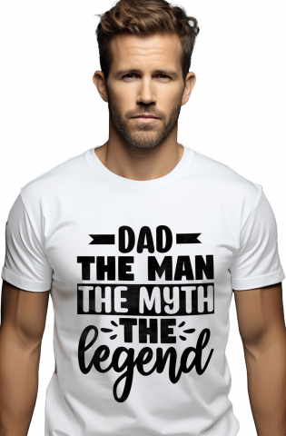 Promotii - Tricou Barbati cu textul "Dad, the man, the myth, the legend" - tata barbatul mitul legenda cu imprimeu pe Fata, 100% Bumbac,  Alb, L