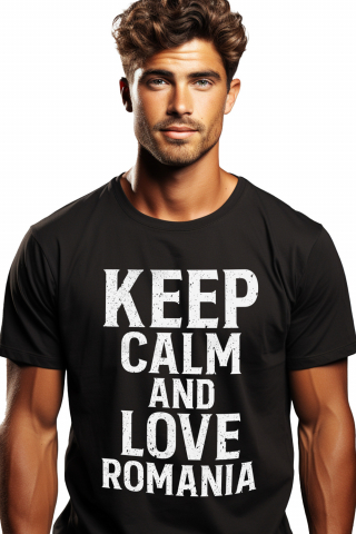 Barbati - Marimea S - Tricou Barbati cu textul "Pastreaza-ti calmul si iubeste Romania" - tricolor cu imprimeu pe Fata, 100% Bumbac, Negru, S