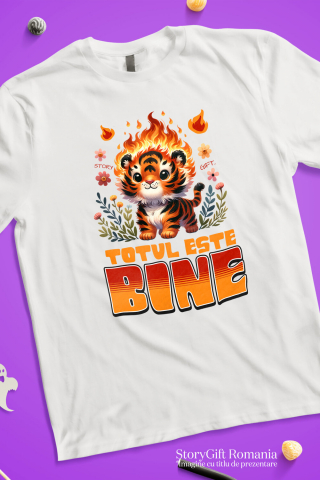 Tricou Femei, Barbati, Copii, Fata, Baiat, Unisex Personalizat Tigru Pui Animat în Flăcări și Flori Colorate - Cadouri Ironic Optimiste pentru Familie și Copii [2]