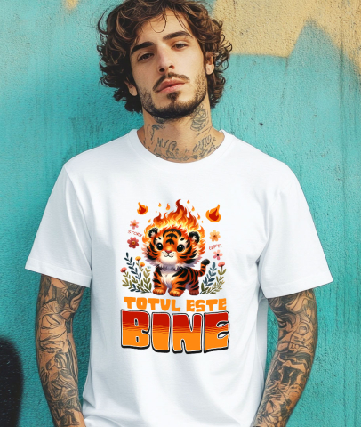 Tricou Femei, Barbati, Copii, Fata, Baiat, Unisex Personalizat Tigru Pui Animat în Flăcări și Flori Colorate - Cadouri Ironic Optimiste pentru Familie și Copii [1]