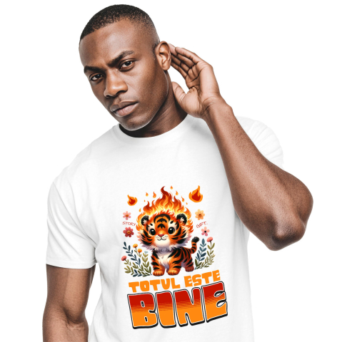 Animale - Tricou Femei, Barbati, Copii, Fata, Baiat, Unisex Personalizat Tigru Pui Animat în Flăcări și Flori Colorate - Cadouri Ironic Optimiste pentru Familie și Copii