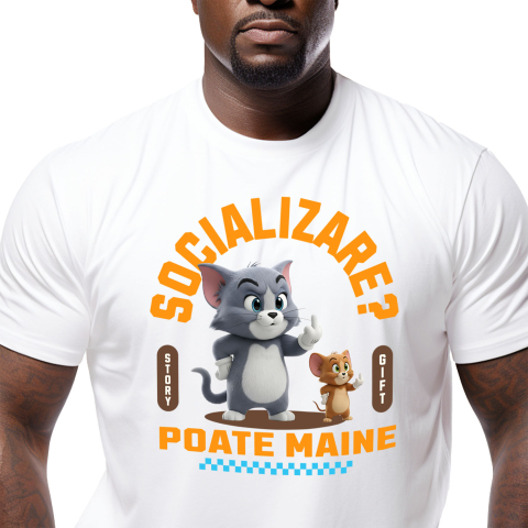 Amuzante - Tricou Barbati cu Tom si Jerry: Aventuri Pe Skateboard , Degetul Mijlociu, Socializare? Poate maine, Anti-social 100% Bumbac, Alb, M