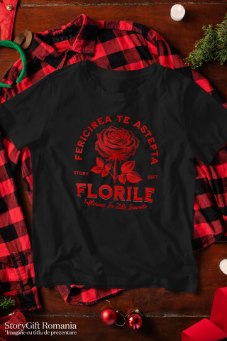 Tricou Femei, Barbati, Copii, Fata, Baiat, Unisex Personalizat Trandafir Roșu și Mesaj de Fericire | Cadou Romantic cu Flori Înflorite [2]