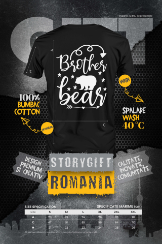 Tricou Barbati cu un urs, stelute si mesajul in engleza "Brother bear" - fratele urs cu imprimeu pe Spate, 100% Bumbac, Negru, L [1]