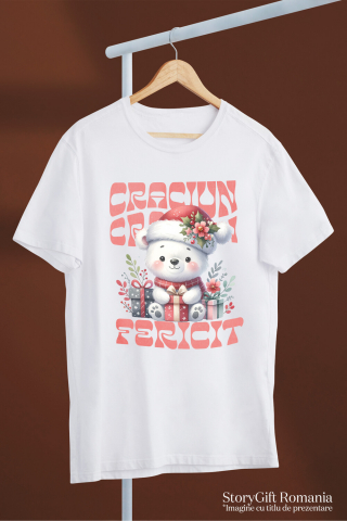 Tricou Femei, Barbati, Copii, Fata, Baiat, Unisex Personalizat Urs Alb cu Fular și Căciulă Moș Crăciun – Cadouri Colorate pentru un Crăciun Fericit [2]