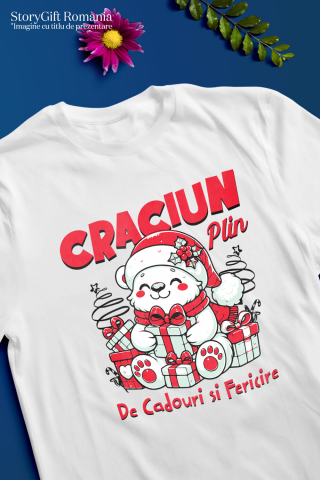 Tricou Femei, Barbati, Copii, Fata, Baiat, Unisex Personalizat Urs Alb Vesel cu Cadouri Colorate – Crăciun Plin de Cadouri și Fericire [2]