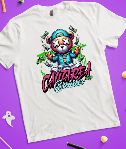 Tricou Femei, Barbati, Copii, Fata, Baiat, Unisex Personalizat Urs de Plus Stil Gangster cu Bancnote în Zbor – „În Căutarea Banilor” – Cadou Personalizat pentru Familie, Tati, Copii, Prieteni [2]