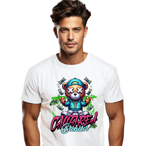 Tricou Femei, Barbati, Copii, Fata, Baiat, Unisex Personalizat Urs de Plus Stil Gangster cu Bancnote în Zbor – „În Căutarea Banilor” – Cadou Personalizat pentru Familie, Tati, Copii, Prieteni