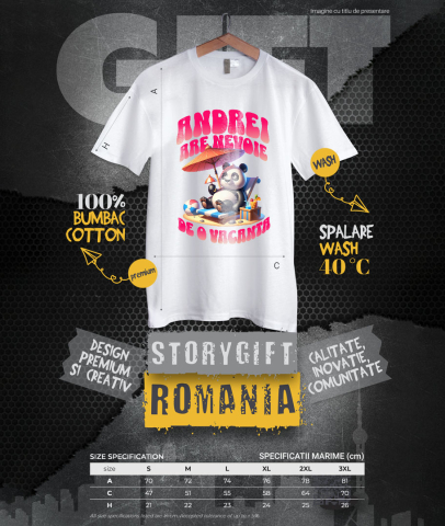 Tricou Femei, Barbati, Copii, Fata, Baiat, Unisex Personalizat "Produse personalizate pentru vacanță – Urs panda pufos pe plajă cu text 'Andrei are nevoie de o vacanță'" [3]