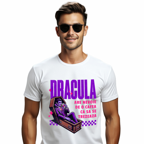 BASME - Tricou Femei, Barbati, Copii, Fata, Baiat, Unisex Personalizat Vampir în Sicriu cu Cafea – Cadou Amuzant pentru Dracula și Tati