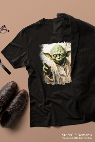 Tricou Barbati Cu Yoda, Star Wars, Personaj Fictiv, Sci Fi, Jedi,  cu imprimeu pe Fata, 100% Bumbac,  Negru, XL [1]