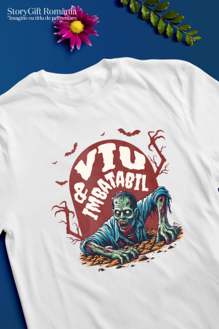 Tricou Femei, Barbati, Copii, Fata, Baiat, Unisex Personalizat Zombie Iesind Din Mormânt | Viu & Imbatabil | Cadou Halloween Tematic [2]