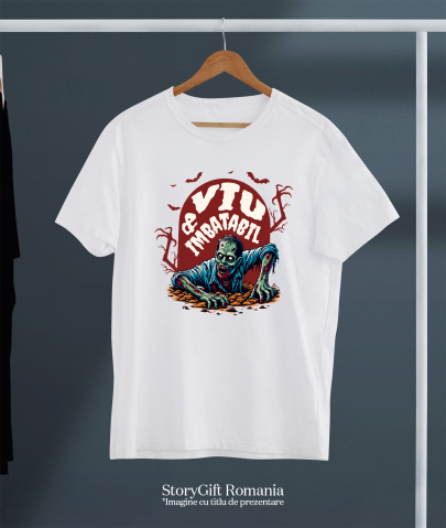 Tricou Femei, Barbati, Copii, Fata, Baiat, Unisex Personalizat Zombie Iesind Din Mormânt | Viu & Imbatabil | Cadou Halloween Tematic [2]