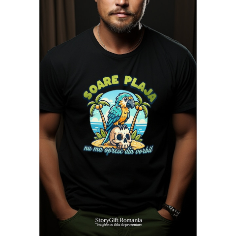 Tricou Barbati papagal pe plaja, nu ma opresc din vorbit, haios vacanta cu imprimeu pe Fata, 100% Bumbac, Negru, M [1]