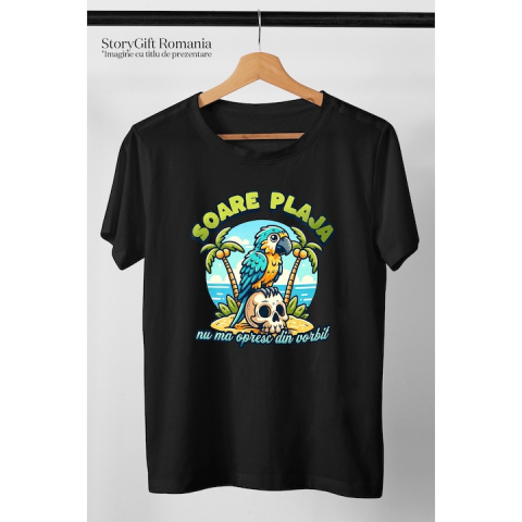 Tricou Barbati papagal pe plaja, nu ma opresc din vorbit, haios vacanta cu imprimeu pe Fata, 100% Bumbac, Negru, M [2]