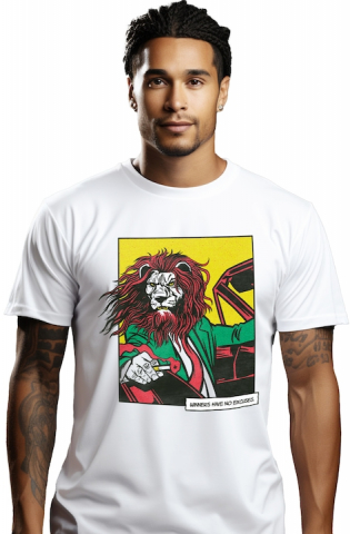 Barbati - Marimea XL - Tricou Barbati Personalizat Leu conducand o Masina cu Mesajul Motivational in Engleza Winners have No Excuses, cu imprimeu pe Fata, 100% Bumbac, Alb, XL