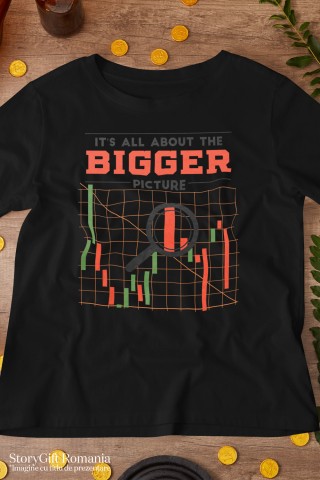 Tricou Barbati Personalizat Pentru Investitorii la Bursa pe termen Lung in Engleza It's all About the Bigger Picture, Lupa, Chart,  cu imprimeu pe Fata, 100% Bumbac, Negru, S [1]
