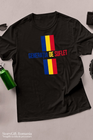 Tricou Barbati steag Romania generatia de suflet patriot cu imprimeu pe Fata, 100% Bumbac, Negru, XL [2]