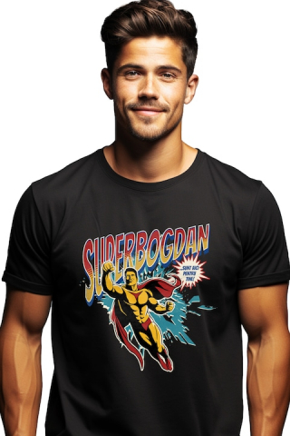 Barbati - Marimea L - Tricou Barbati Super Bogdan, SuperErou Sunt Aici Pentru Tine cu imprimeu pe Fata, 100% Bumbac, Negru, L